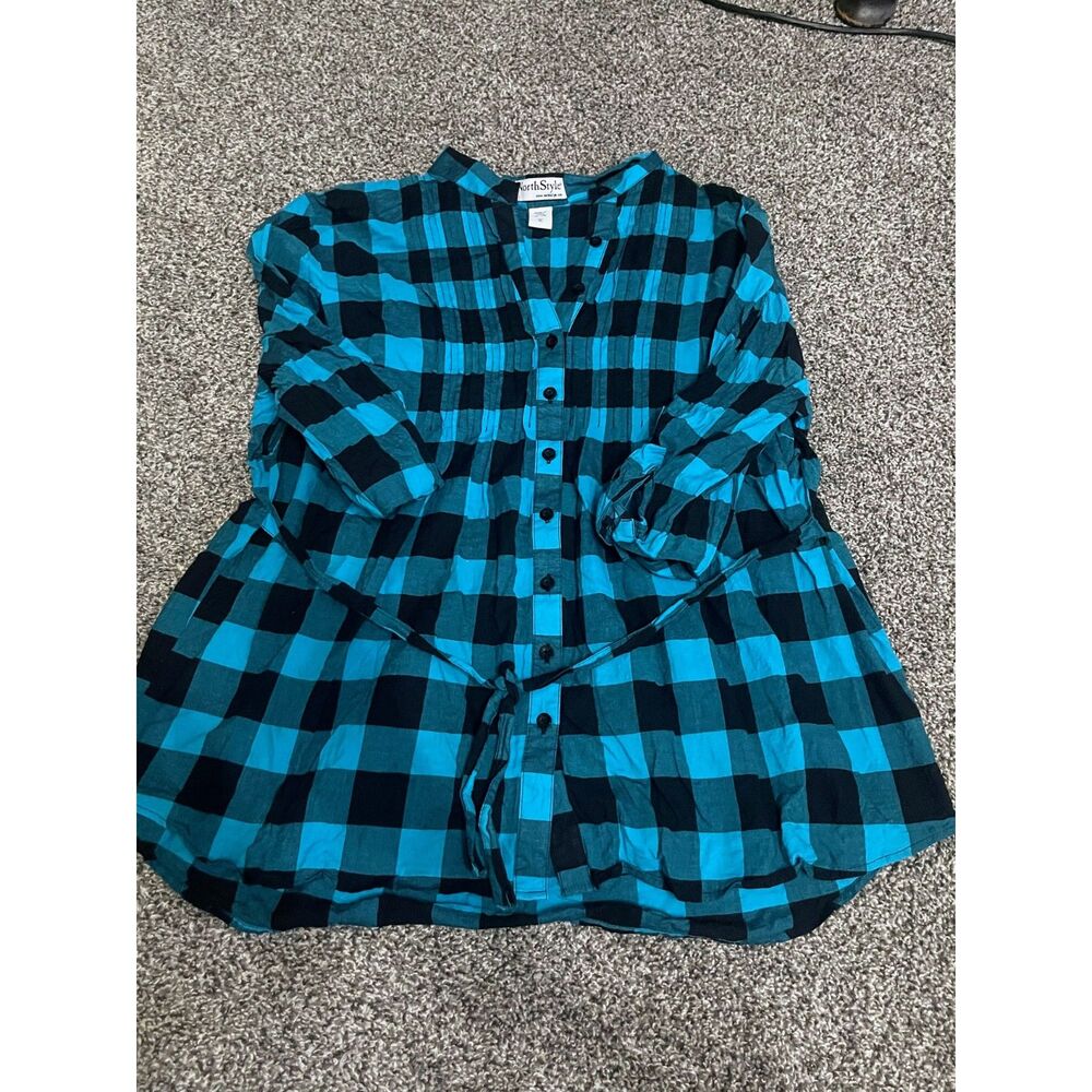 NorthStyle pleated teal and black buffalo plaid tunic blouse XL